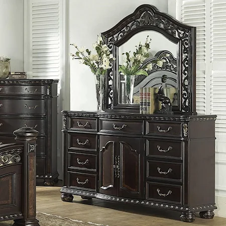 Traditional 9 Drawer Dresser and Arched Mirror Combo